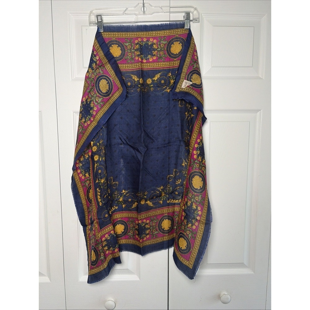 Glentex Medallion Baroque Scarf Womens OS Navy Blue Gold Vintage Acrylic Japan